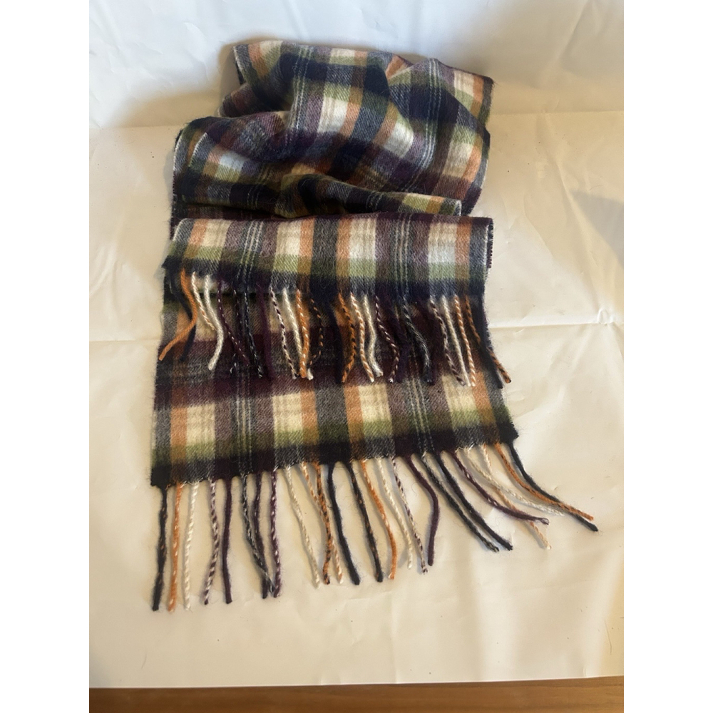 House of Scotland 100% Lambswool Plaid Scarf Mulberry Orange Green Navy 10X65"